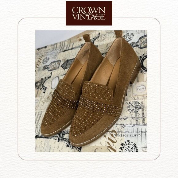 Crown Vintage Lorina Loafer, Brown Suede, Metallic Studs, Almond Toe, Women's 6M - Picture 2 of 6